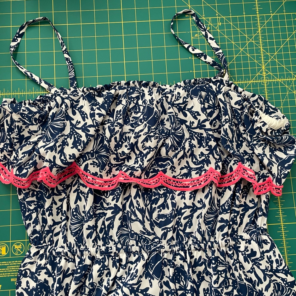Lilly Pulitzer XL Blue Floral Maxi Dress with Pink Scallop Trim - Picture 5 of 7
